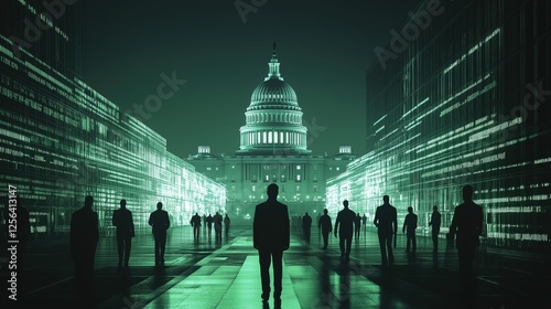 A digital depiction of the U.S. Capitol in a cyberpunk, green-lit style. Silhouetted figures walk through a digital corridor.