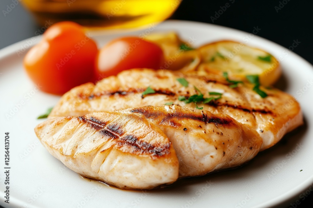 Grilled Chicken Breast with Tomatoes and Potatoes on Plate Grilled Chicken Breast with Tomatoes and Potatoes on Plate