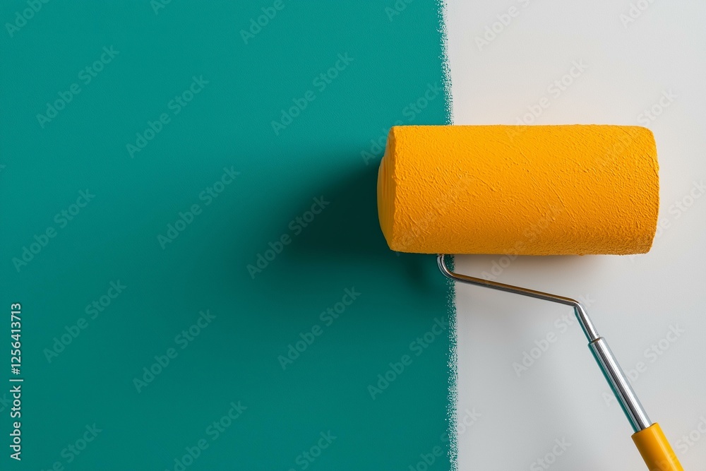 Obraz premium Painting a Wall with Teal and Yellow, Home Renovation