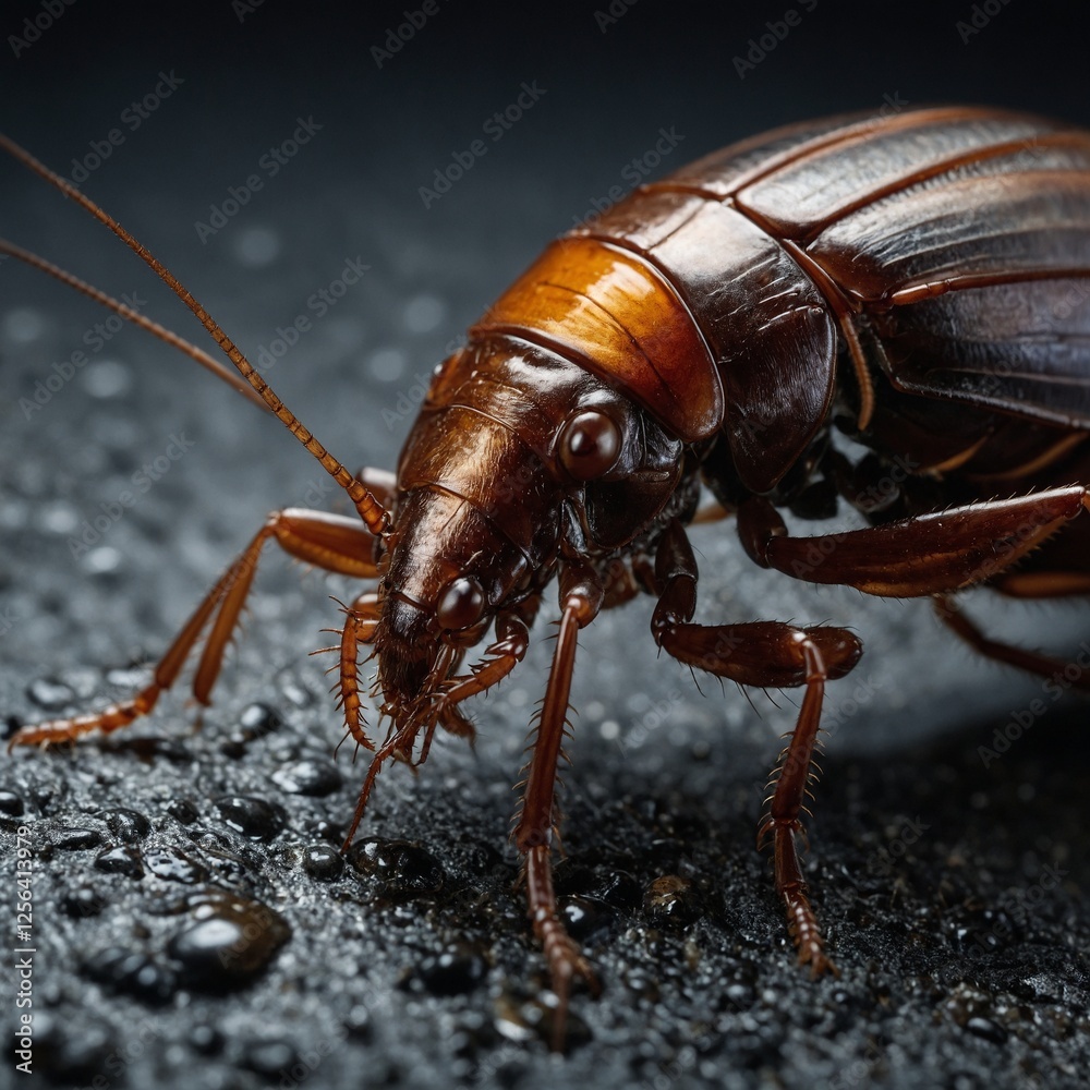 A close-up of a brown beetle with long antennae on a dark surface  Cockroach portrait created with Generative AI technology