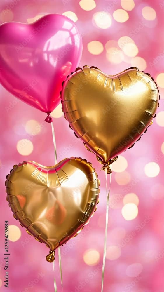 Pink and golden foil balloons on festive bokeh background. St. Valentine's day love, romance and passion concept