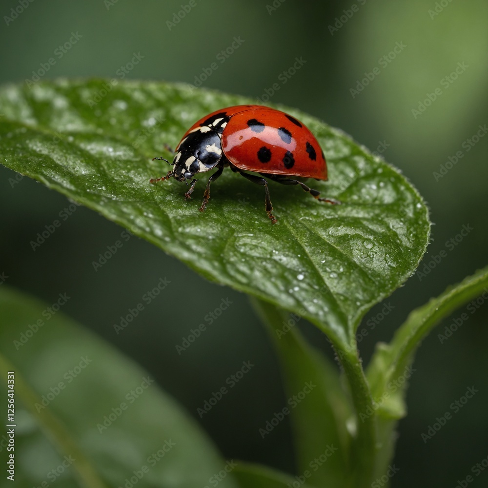 This captivating photograph features a vibrant ladybug perched delicately on a green leaf, surrounded by a softly defocused background that enhances its vivid This captivating photograph features a vibrant ladybug perched delicately on a green leaf, surrounded by a softly defocused background that enhances its vivid