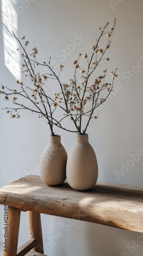 Wallpaper Mural Decorative vases with dried branches on rustic wooden table in minimalist setting Torontodigital.ca