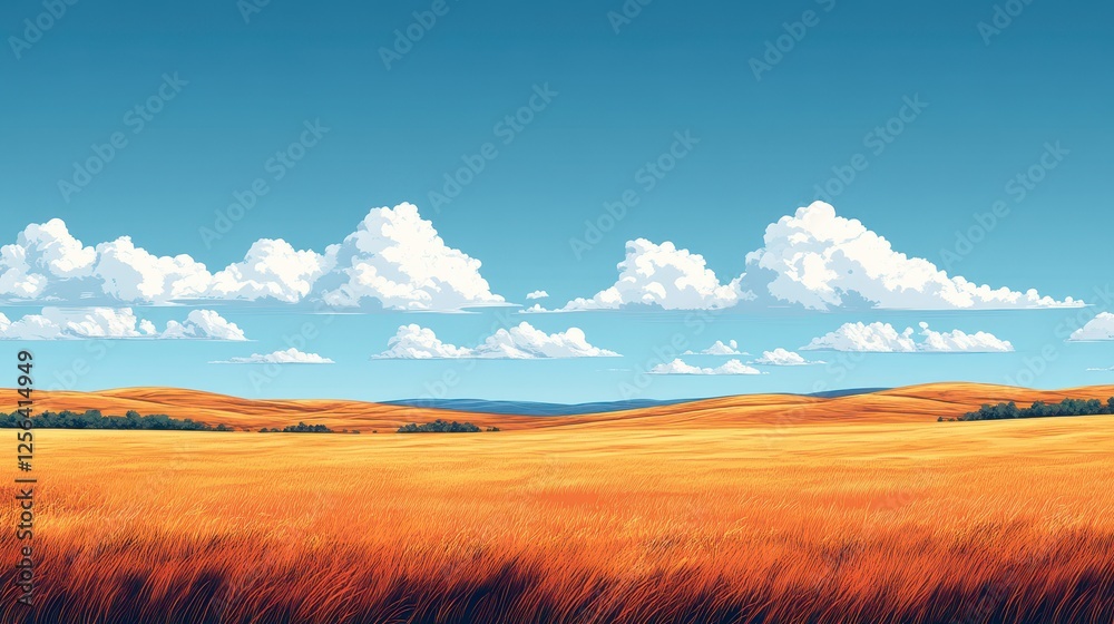 Obraz premium Vast Landscape of Golden Wheat Field with Rolling Hills and Fluffy White Clouds Under a Clear Blue Sky in a Picturesque Rural Setting
