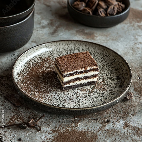   A slice of cake placed atop a dish beside bowled chocolate chips and a mug of joe photo