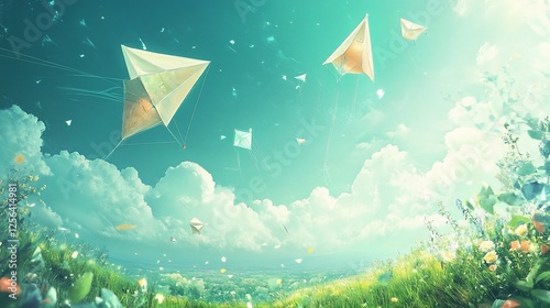 Whimsical Kite Flight Over Dreamlike Meadow