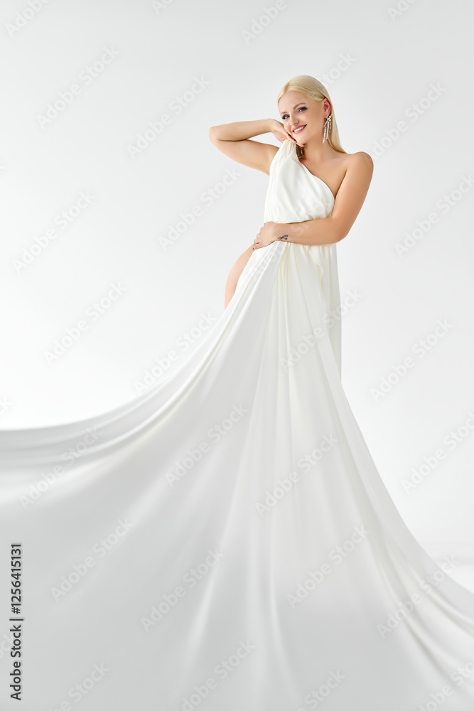 Naklejka premium Woman, body and nude on studio background with white fabric for covering with art deco in confidence.