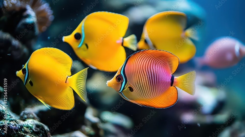 Naklejka premium Colorful tropical fish swimming in coral reef underwater scene marine life photography vibrant environment aquatic concept