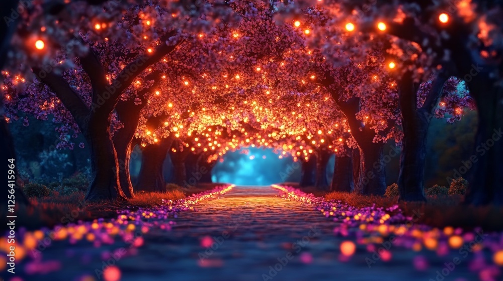 Obraz premium Magical pathway under blossoming trees adorned with warm-toned lights at night.