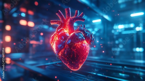 Glowing Human Heart in Futuristic Setting