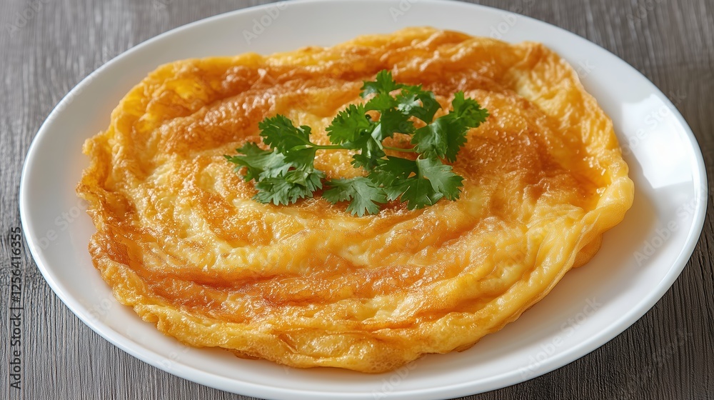 Thai omelet, fluffy and crispy, served on a white plate and garnished with coriander, set on a clean rustic wooden table Thai omelet, fluffy and crispy, served on a white plate and garnished with coriander, set on a clean rustic wooden table