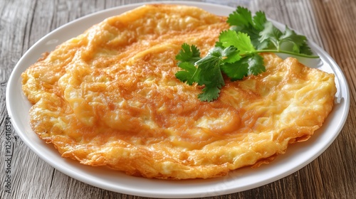 Thai omelet, fluffy and crispy, served on a white plate and garnished with coriander, set on a clean rustic wooden table