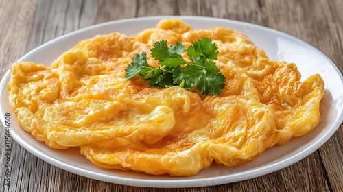 Thai omelet, fluffy and crispy, served on a white plate and garnished with coriander, set on a clean rustic wooden table