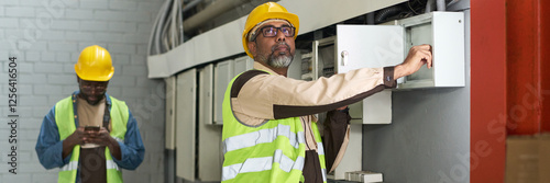 Header of mature engineer in workwear looking at lamps on ceiling while switching on electricity in plant or warehouse before work