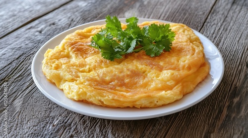 Thai omelet, fluffy and crispy, served on a white plate and garnished with coriander, set on a clean rustic wooden table