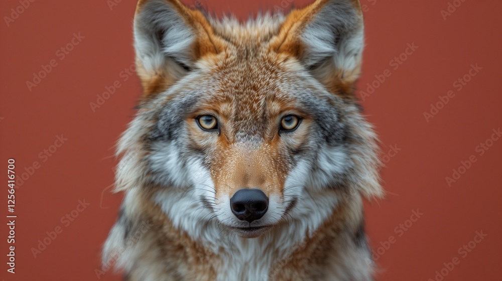 Obraz premium A close up of a wolf with piercing eyes and detailed fur against a warm red background