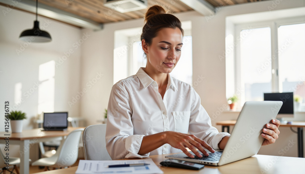 Focused woman calculating data on laptop in minimalistic office, empowerment Focused woman calculating data on laptop in minimalistic office, empowerment