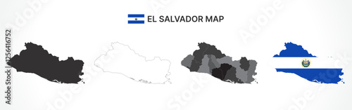 Detailed El Salvador Map Collection with Outline, Silhouette, Departments, and Flag Overlay Variations
