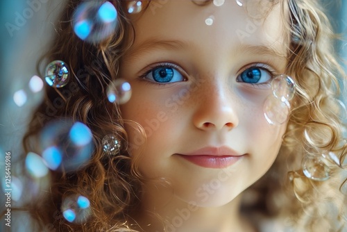 Captivating child gazes through bubbles in a refreshing pool during summer afternoons