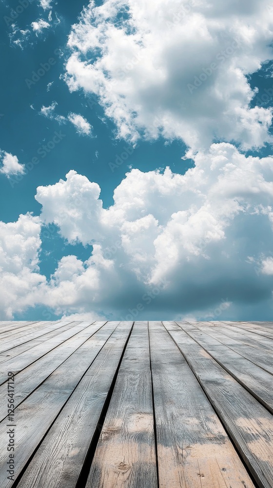 Beautiful wooden platform overlooking a serene cloudy sky during sunrise Beautiful wooden platform overlooking a serene cloudy sky during sunrise