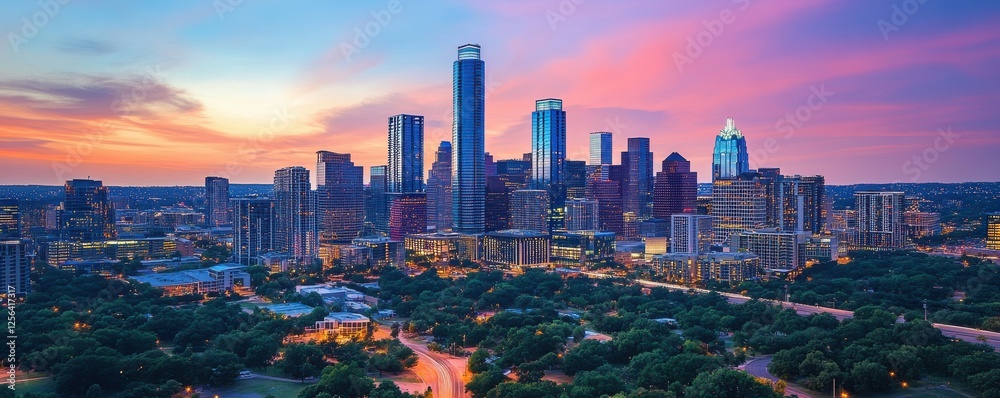 Fototapeta premium Vibrant sunset skyline of austin with illuminated skyscrapers and lush greenery
