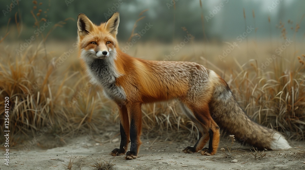 A red fox stands alert in a field of tall grass with trees in the background and sunlight casting shadows on its fur A red fox stands alert in a field of tall grass with trees in the background and sunlight casting shadows on its fur