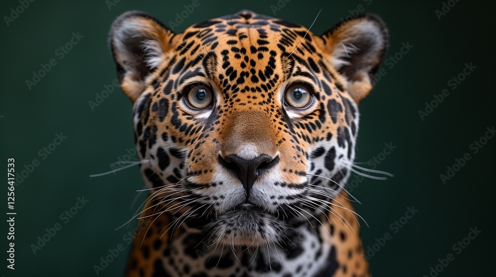 A closeup of a jaguar with piercing eyes and intricate rosette patterns on its fur set against a dark background A closeup of a jaguar with piercing eyes and intricate rosette patterns on its fur set against a dark background
