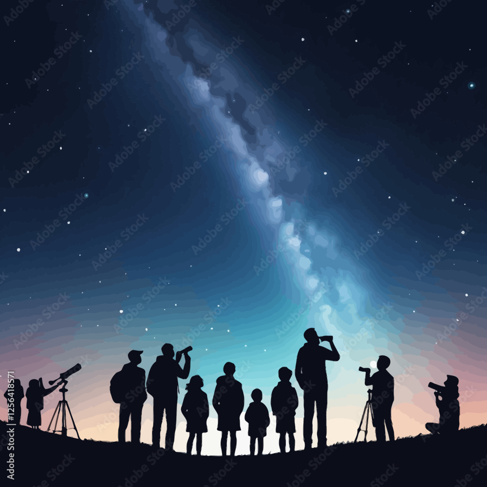 A group of people stargazing at the dark night sky, observing stars and the Milky Way. Family and friends, including children and adults, use a telescope in silhouette. A group of people stargazing at the dark night sky, observing stars and the Milky Way. Family and friends, including children and adults, use a telescope in silhouette.