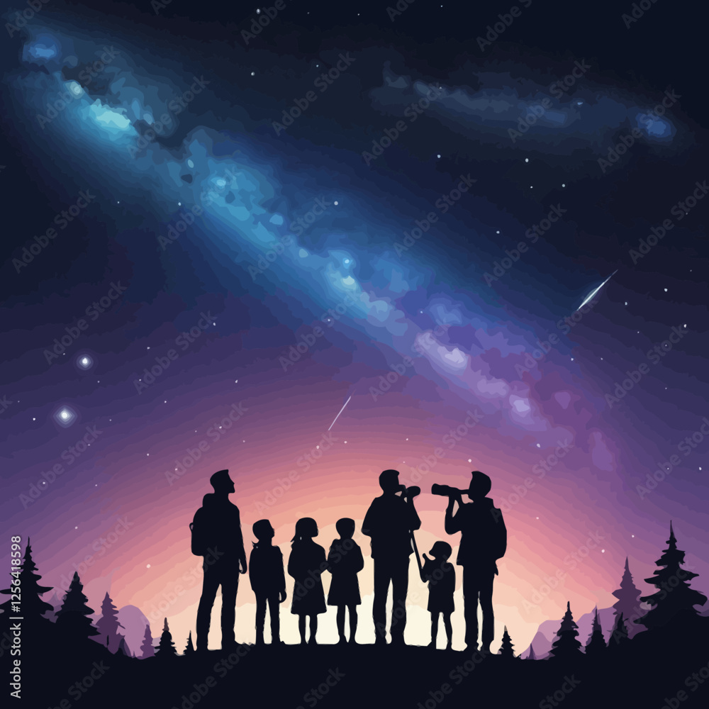 A group of people stargazing at the dark night sky, observing stars and the Milky Way. Family and friends, including children and adults, use a telescope in silhouette. A group of people stargazing at the dark night sky, observing stars and the Milky Way. Family and friends, including children and adults, use a telescope in silhouette.