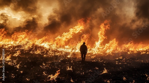 A lone figure walks amidst a raging wildfire, a powerful image of nature's destructive force and human resilience.