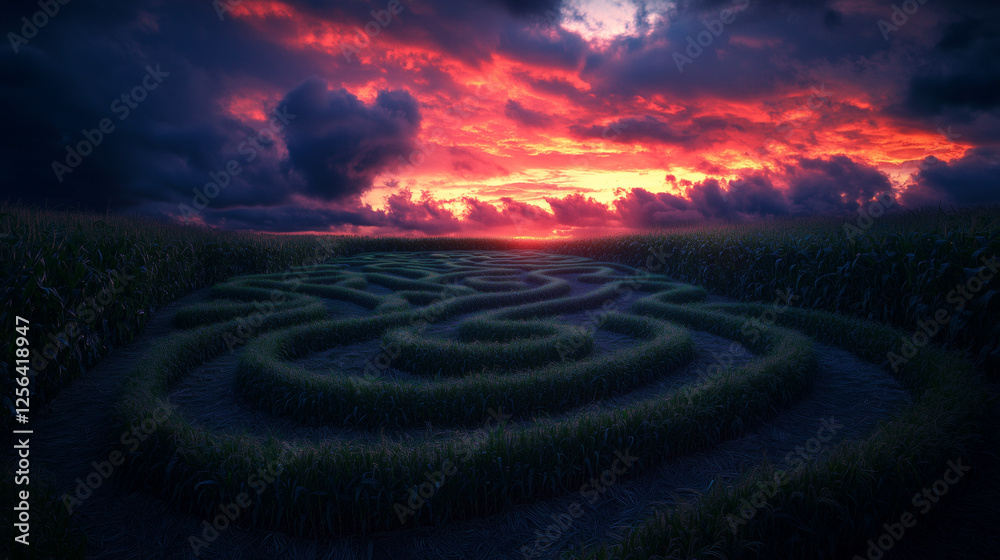 Corn maze at sunrise with heavy monsoon clouds casting dramatic shadows over golden fields vividly Corn maze at sunrise with heavy monsoon clouds casting dramatic shadows over golden fields vividly