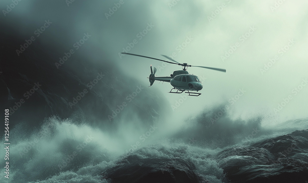 Helicopter flies over dense fog, preparing for critical rescue operations amid uncertain, challenging weather conditions. Helicopter flies over dense fog, preparing for critical rescue operations amid uncertain, challenging weather conditions.