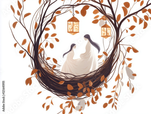 A nest decorated with festive garlands and lanterns. Inside, tiny birds sit together like a warm family gathering. Flat illustration with hand-drawn details, vintage paper effect, pastel colors. photo