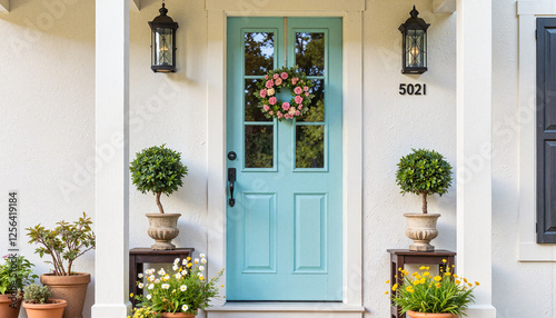 Freshly painted front door with flower wreath, welcoming vibe