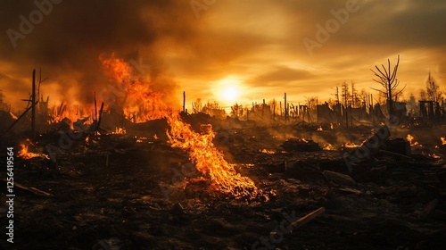 Sunset Over Devastation: A landscape of fire and destruction