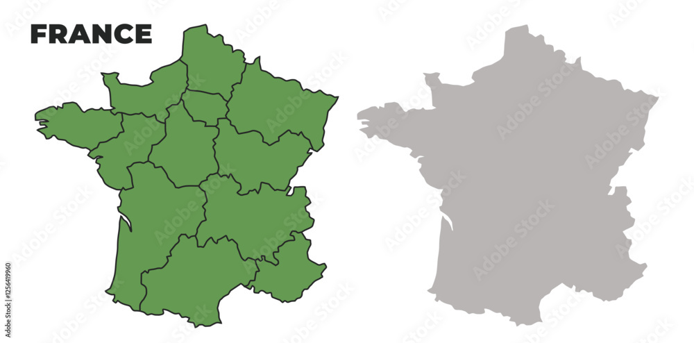 France political regions green outline map set France political regions green outline map set