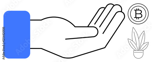 Wallpaper Mural Open hand gesture suggesting exchange with a Bitcoin symbol and potted plant. Ideal for finance, digital currency, generosity, growth, investments, sustainability, technology. Clean abstract line Torontodigital.ca