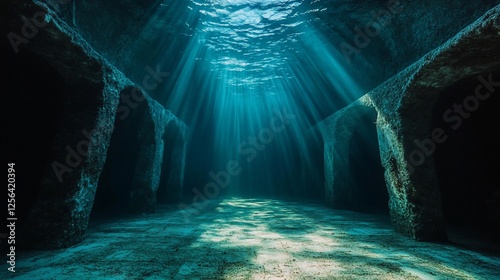 Sunbeams Illuminate Submerged Ruins: An Underwater Architectural Marvel