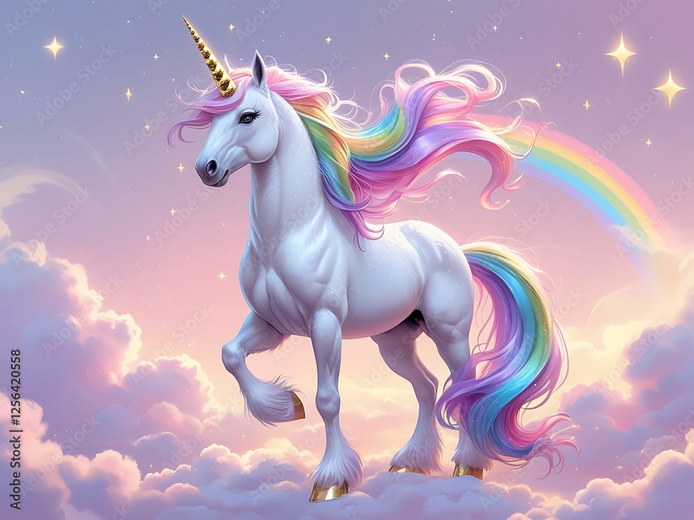 Magical Unicorn in a Dreamy Pastel Sky – Fantasy Art with Rainbow and Clouds Magical Unicorn in a Dreamy Pastel Sky – Fantasy Art with Rainbow and Clouds