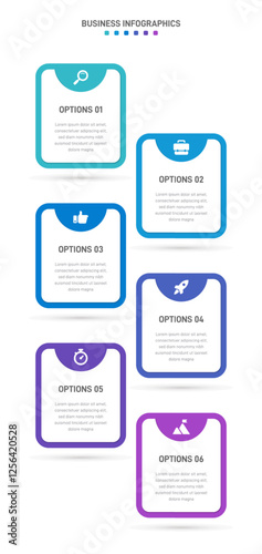 Vertical progress bar featuring 6 arrow-shaped elements, symbolizing the six stages of business strategy and progression. Clean timeline infographic design template. Vector for mobile presentation.