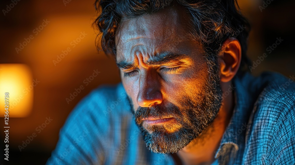 A contemplative man with closed eyes, illuminated by warm light. A contemplative man with closed eyes, illuminated by warm light.