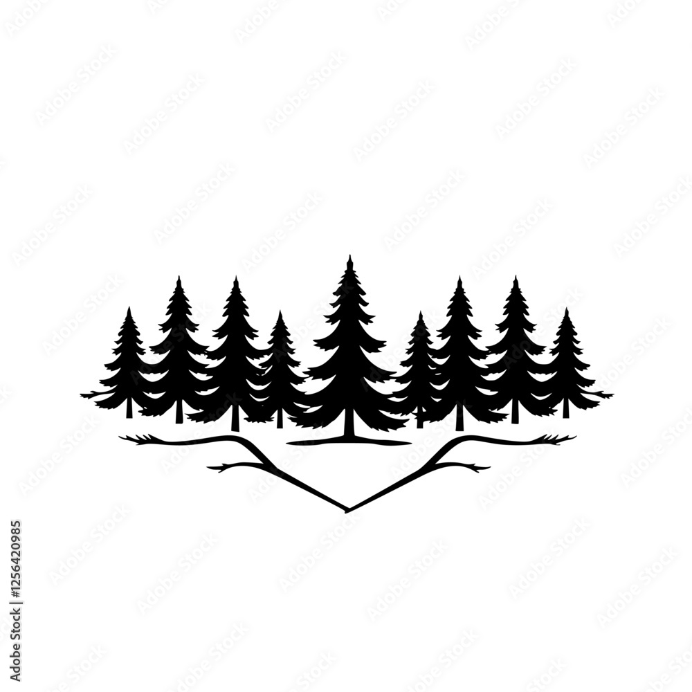 Obraz premium Forest silhouette against white background, with dark trees, minimalist art.