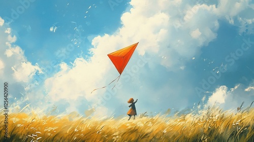 Girl Flying a Kite in a Golden Field Under a Blue Sky