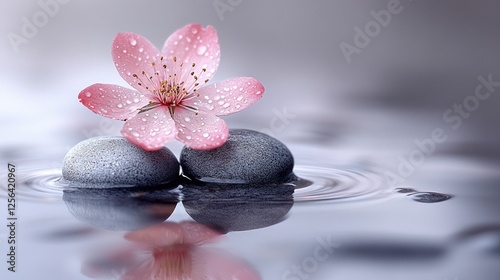 Serene cherry blossom resting on smooth stones in tranquil water, evoking calm and relaxation