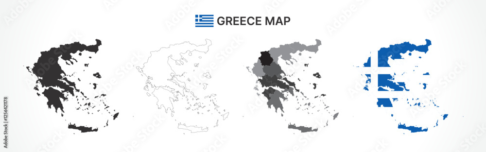 Obraz premium Detailed Greece Map Collection with Outline, Silhouette, Regions, and Flag Overlay Variations