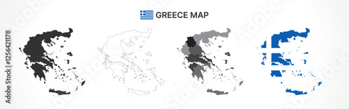 Detailed Greece Map Collection with Outline, Silhouette, Regions, and Flag Overlay Variations