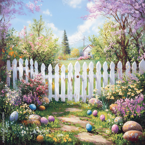 : A charming white picket fence with blooming flowers and scattered Easter eggs in spring