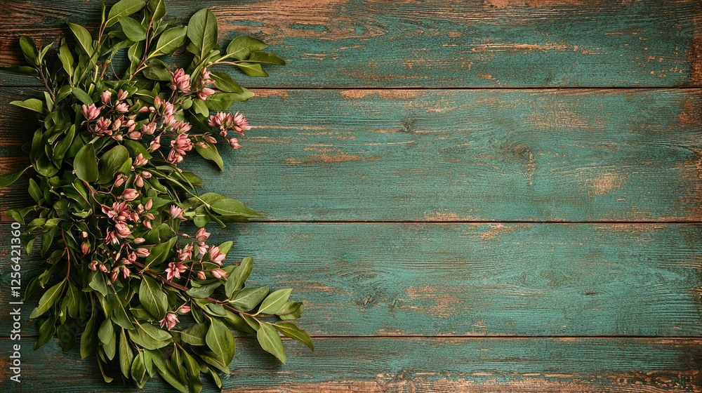 Pink flowers and green leaves on rustic wooden background Pink flowers and green leaves on rustic wooden background