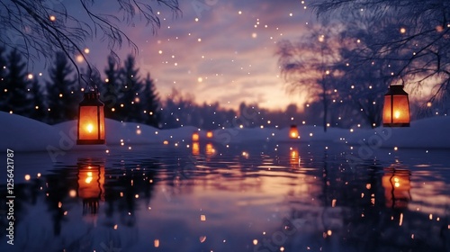 Enchanted Winter Wonderland: Lanterns Glimmering on a Frozen Lake at Sunset