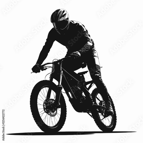  Silhouette of an action biker in front view. A dynamic cyclist silhouette in motion. Isolated on a white background.